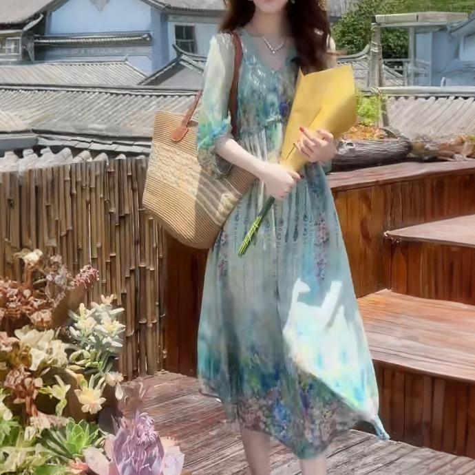 1362 轻奢大牌法式气质碎花连衣裙2025夏季新款宽松显瘦度假长裙 到手价¥138.00