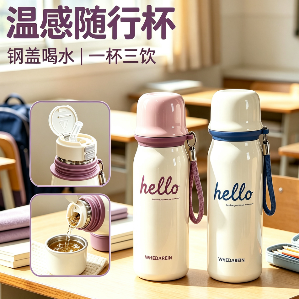 26新款三饮水杯保温杯学生上学专用吸管杯女生高颜值杯子钢盖喝水 到手价¥29.90