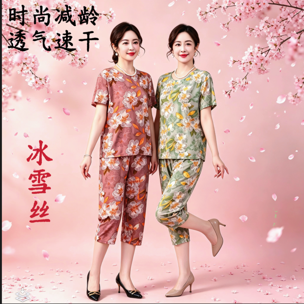【上衣+裤子】冰雪丝夏季清凉冰丝休闲无痕妈妈套装妞 到手价¥13.90