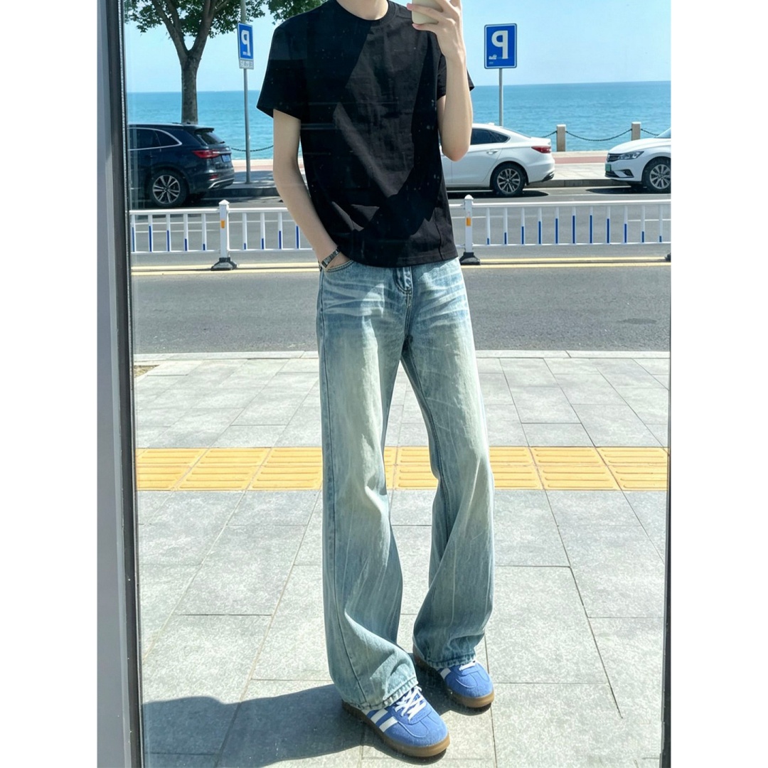 水洗蓝色闪电纹牛仔裤男款夏季薄款微喇直筒裤cleanfit显瘦裤子 到手价¥49.98