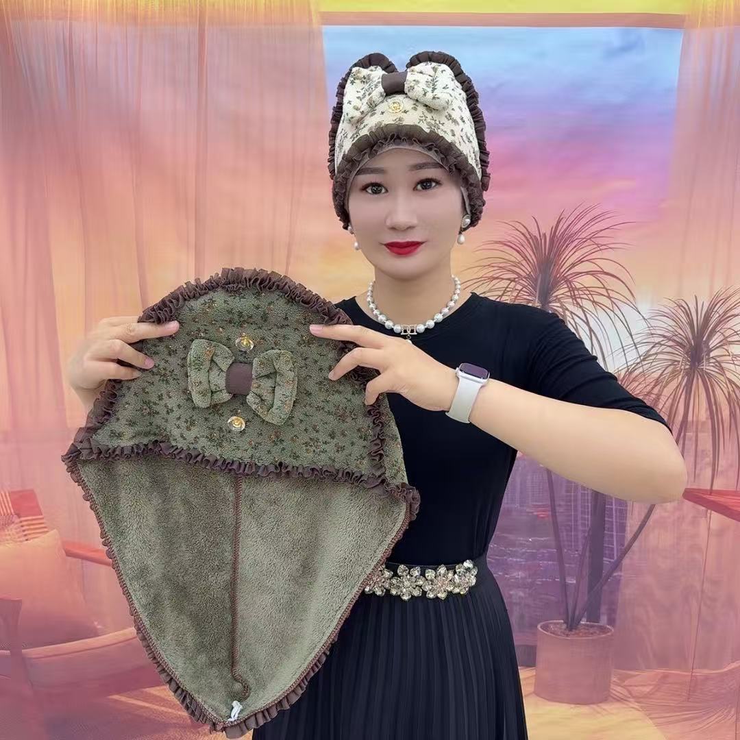 （优质版)干发巾法式印花花边珊瑚绒可爱吸水速干发帽 图片 3