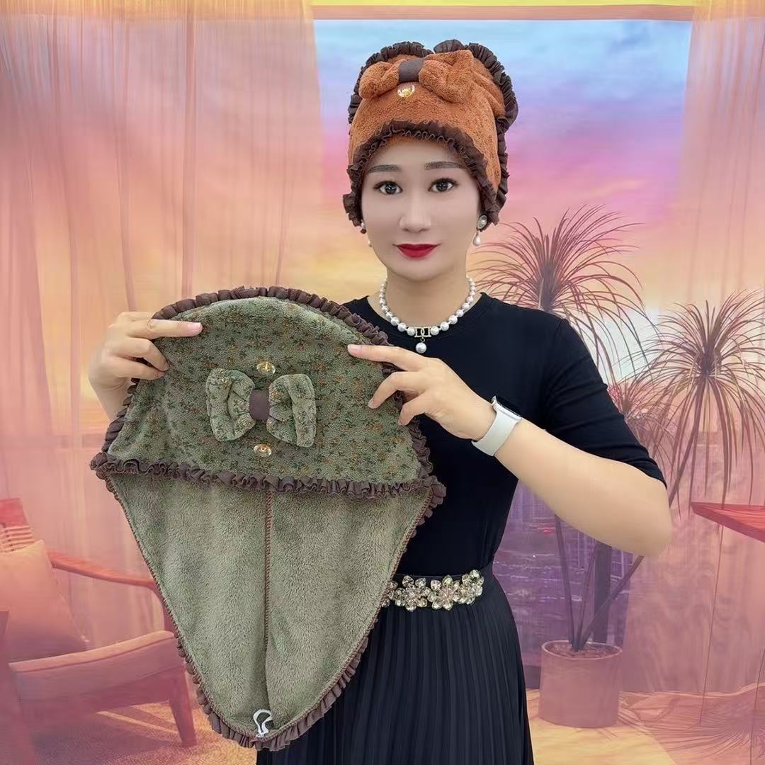 （优质版)干发巾法式印花花边珊瑚绒可爱吸水速干发帽 图片 6
