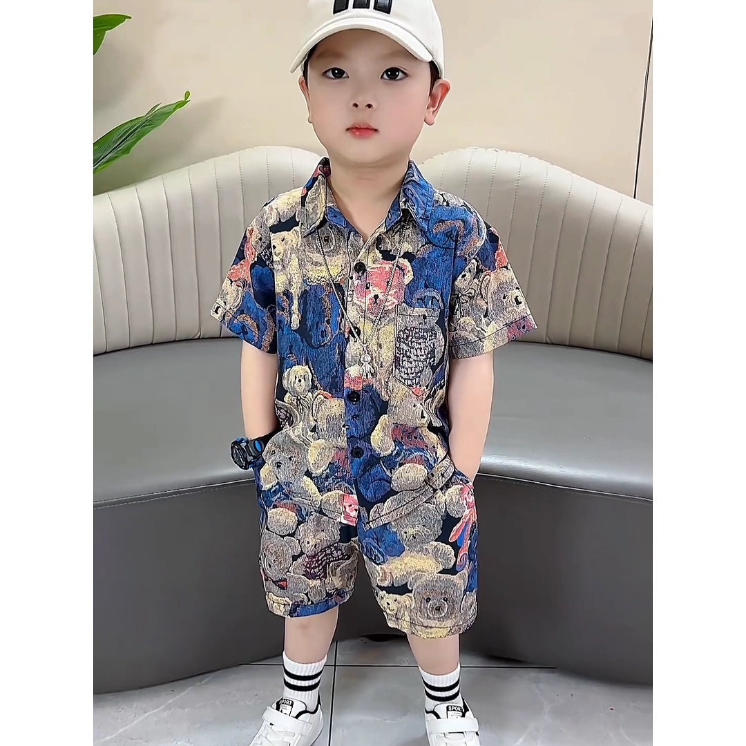 夏季男童衬衫套装新款儿童翻领上衣夏装短袖短裤套装帅气宝宝童装 到手价¥15.90