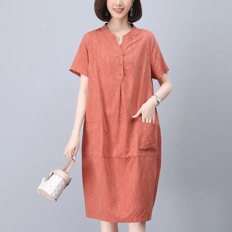 高档棉麻提花妈妈短袖连衣裙夏季新款宽松大码气质遮肉显瘦裙子 到手价¥78.90