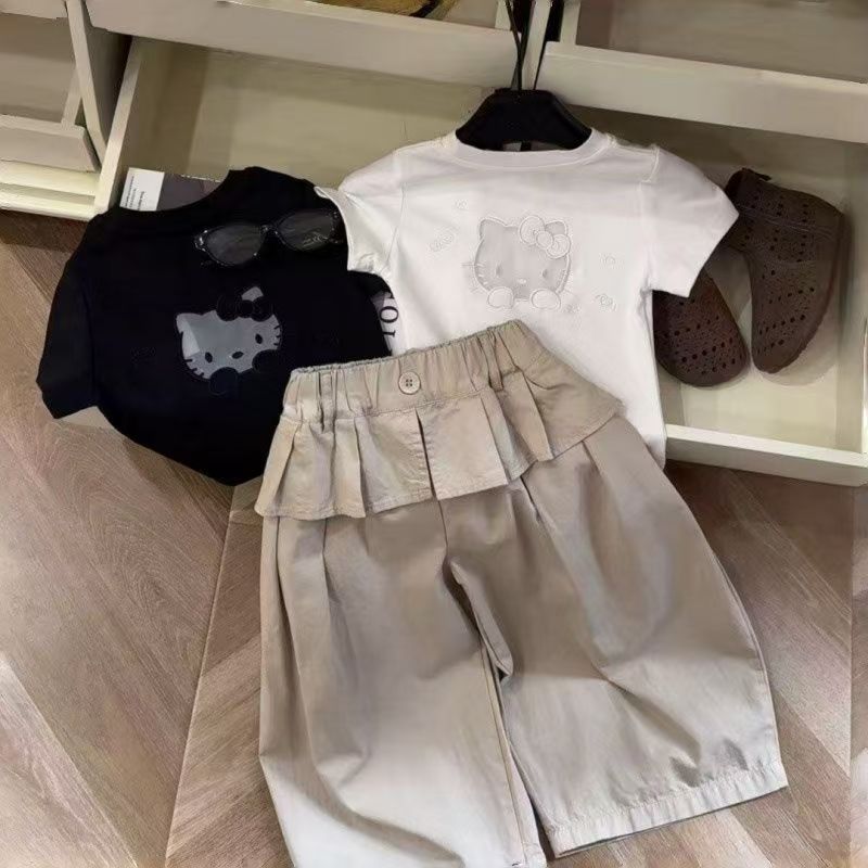 女童套装2026夏季新款Kt猫短袖荷叶边屁帘裤两件套 到手价¥29.90