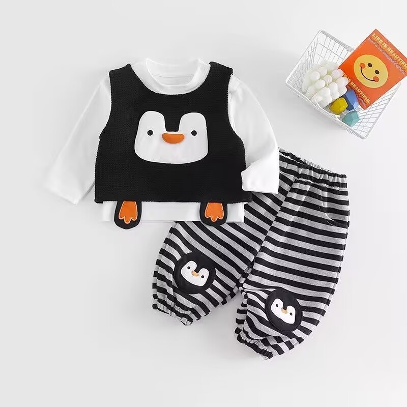 26新款婴幼儿衣服春秋分体套装男宝宝春装可爱企鹅外出马甲三件套 到手价¥49.90