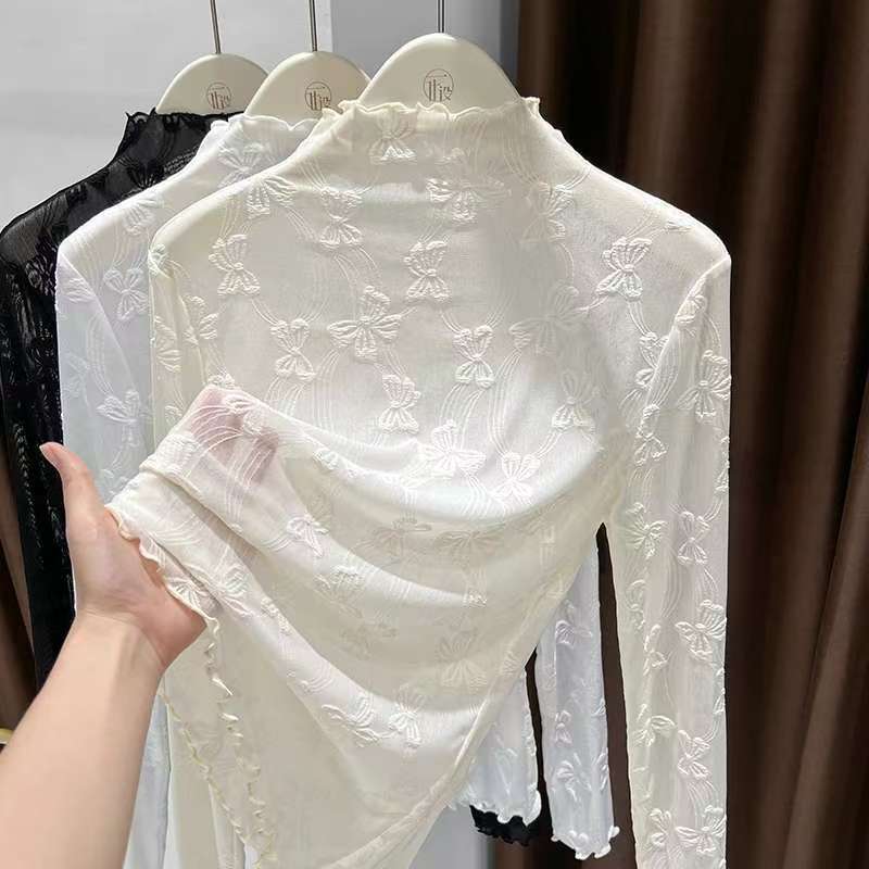 木耳边半高领网纱打底衫女秋冬新款内搭纱衣柔软洋气提花蕾丝上衣 到手价¥19.90