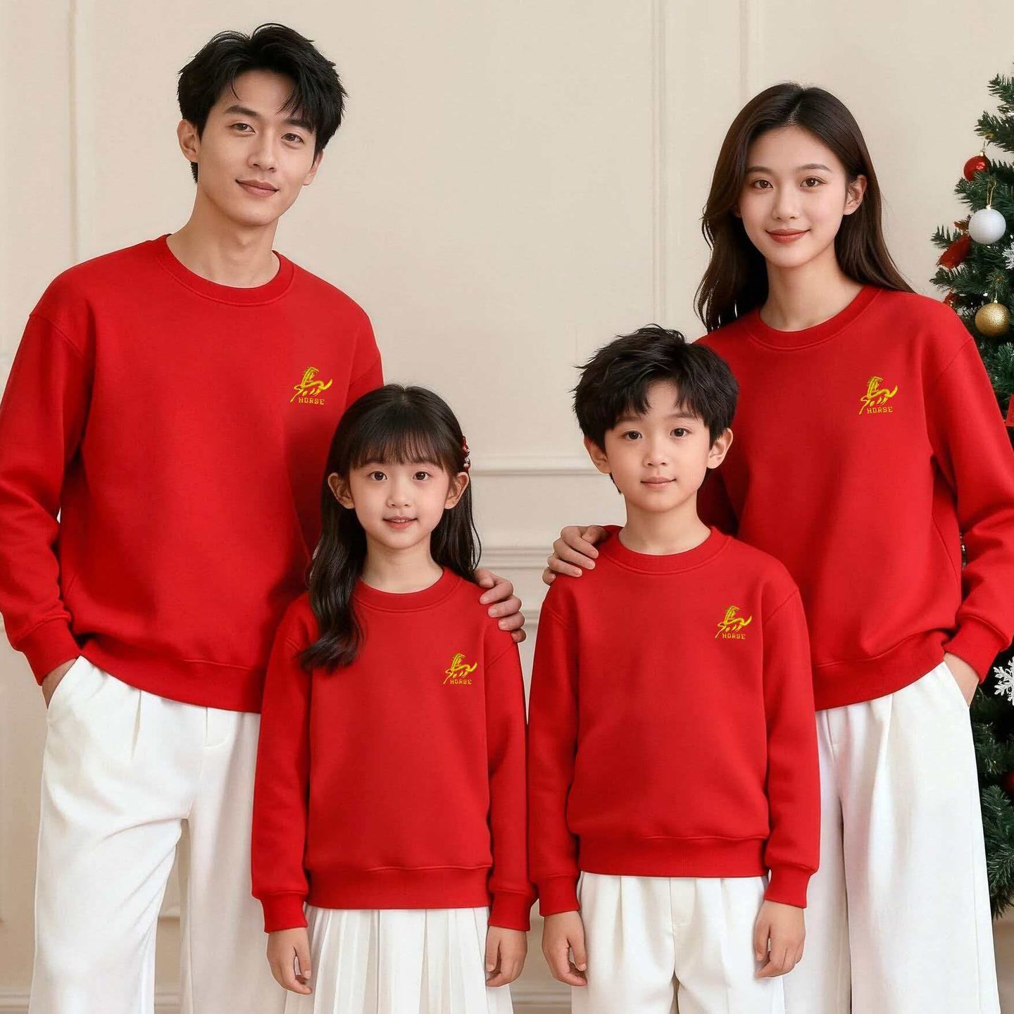 新年款幸福一家人红色亲子装刺绣金马加绒卫衣6601【言植推荐】