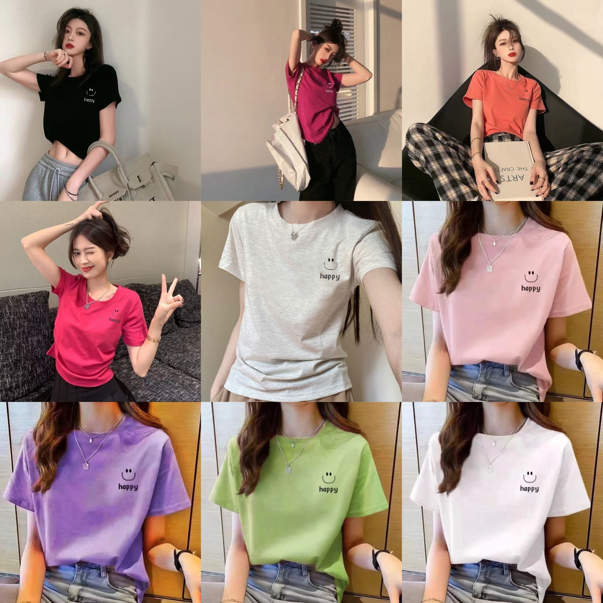 【达人专属】纯棉正肩淑女风女士百搭印花笑脸短款圆领T恤9126mc 到手价¥16.99