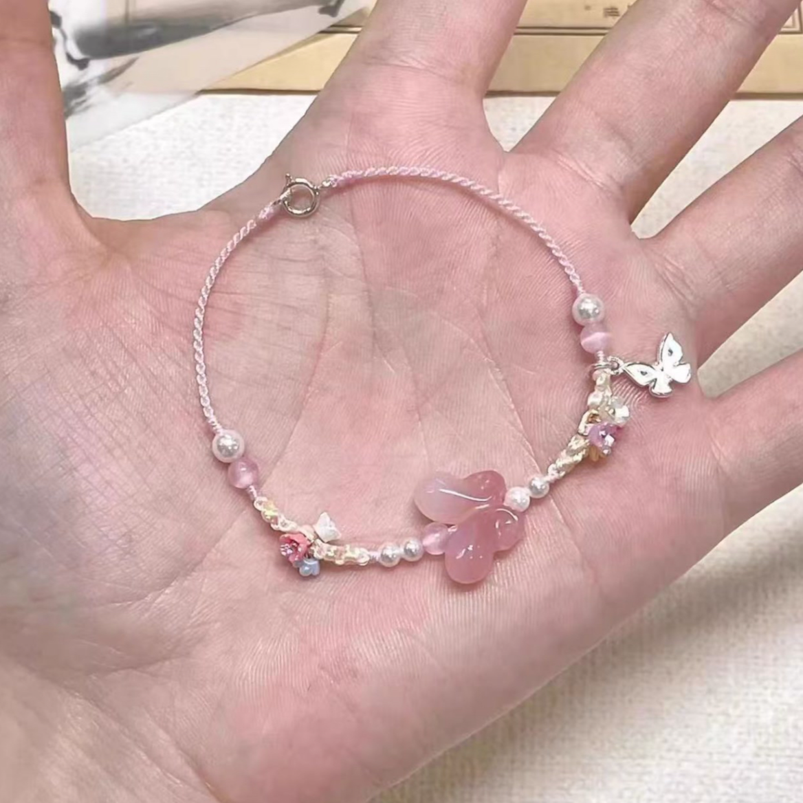 布艺【天才】冰粉蝴蝶项链女手链花朵编织绳小众女生闺蜜手饰品 到手价¥3.90