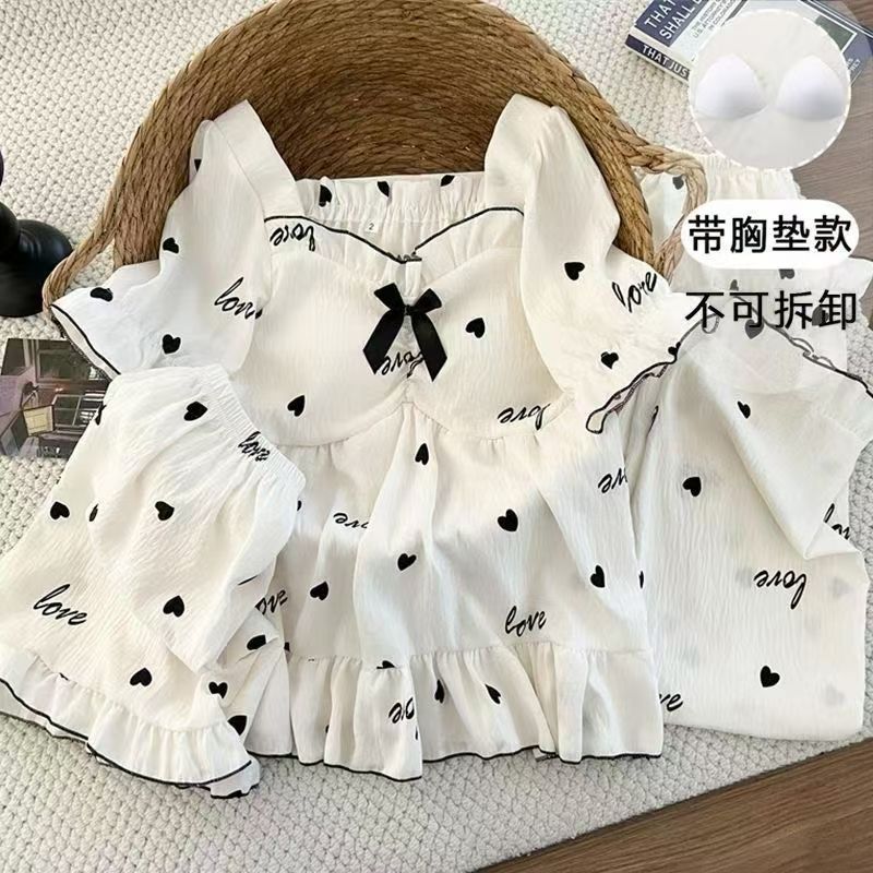 夏季带胸垫三件套睡衣女短袖短裤长裤可外穿 到手价¥29.90