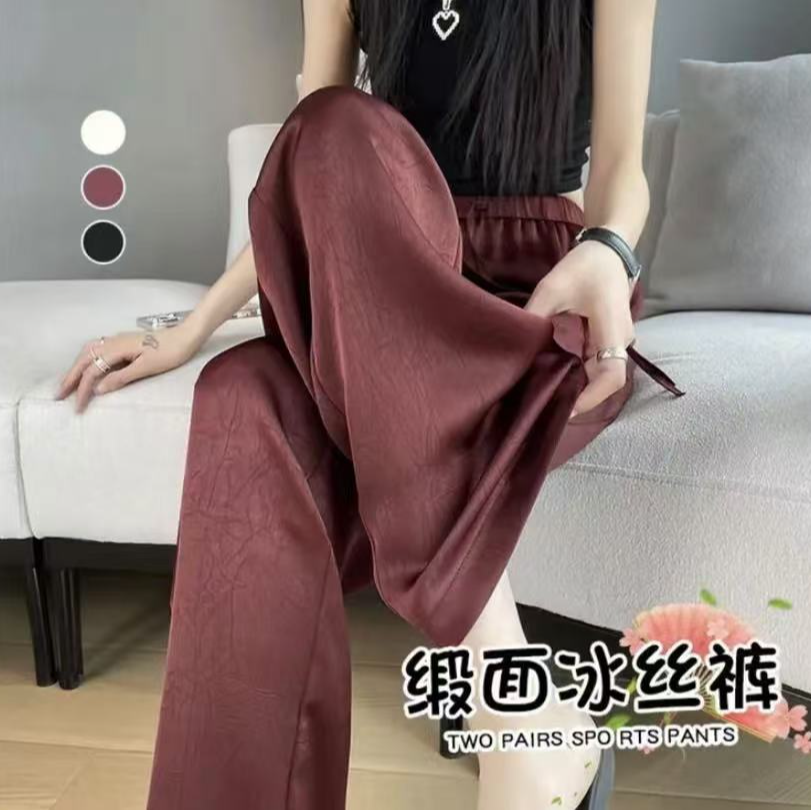 新中式丝滑肌理感缎面轻奢冰氧吧垂感阔腿直筒裤高腰显瘦休闲裤女 图片 4