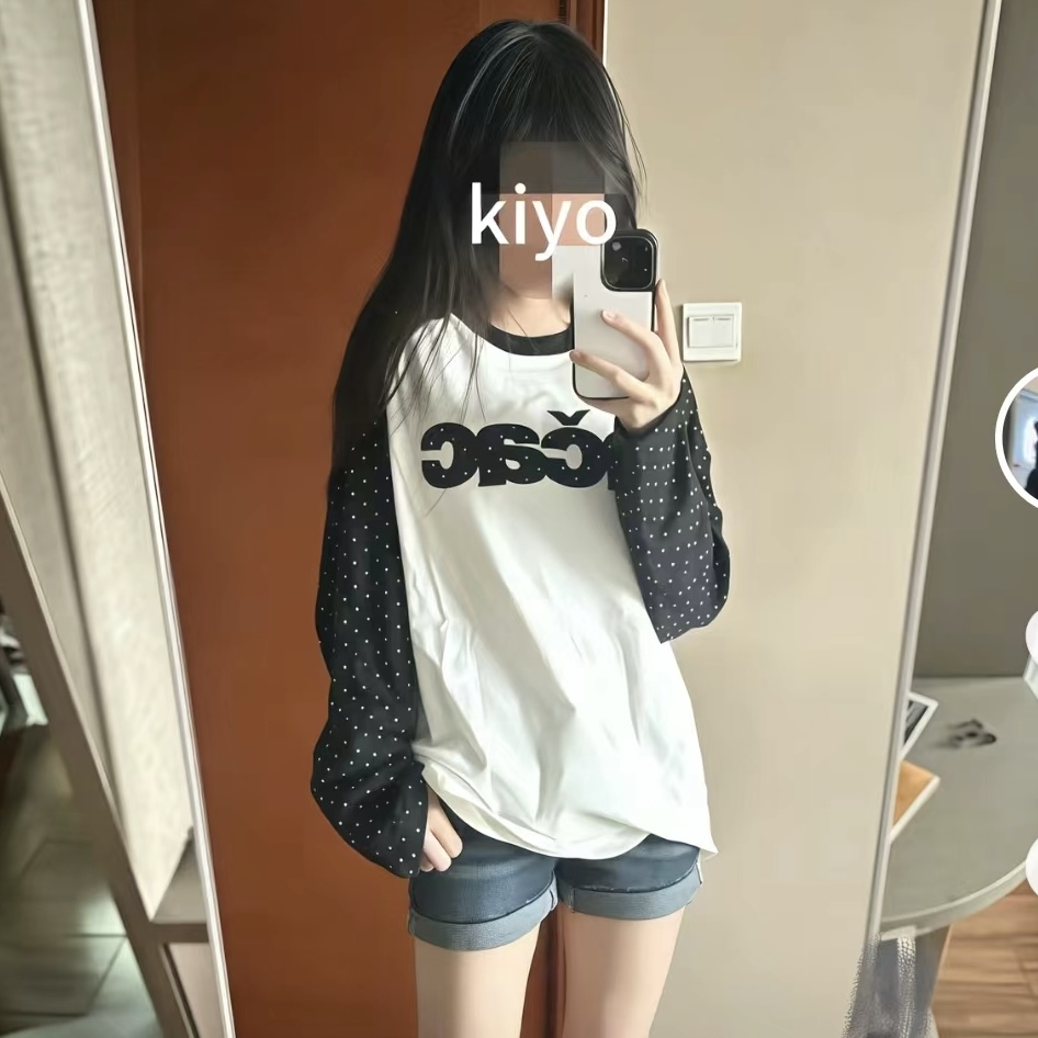 【LC】满天星波点插肩袖打底上衣春季新款长袖T恤美式英文纯棉T恤 到手价¥18.80