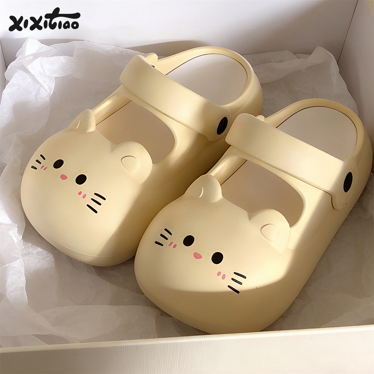 细细条 可爱小猫玛丽珍包头防撞凉拖女防滑足弓厚底夏沙滩洞洞鞋 图片 2