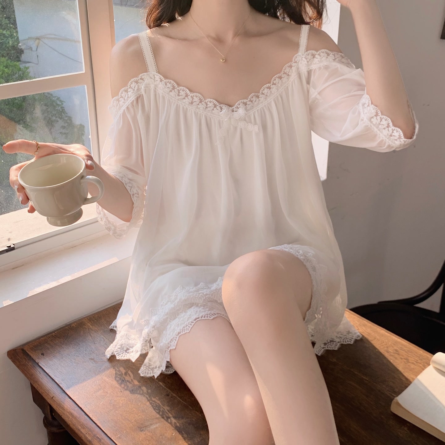 一字肩网纱睡衣套装夏季家居服薄款女士纯欲风 到手价¥39.90
