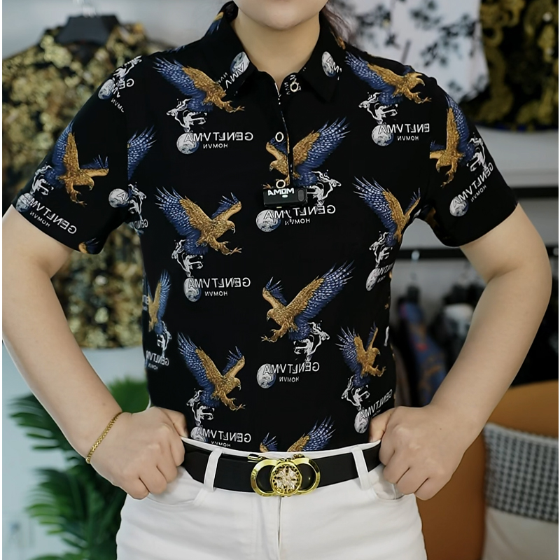 高档男士短袖polo冰丝印花中年薄款宽松半袖商务免烫休闲T恤碎花 到手价¥45.00