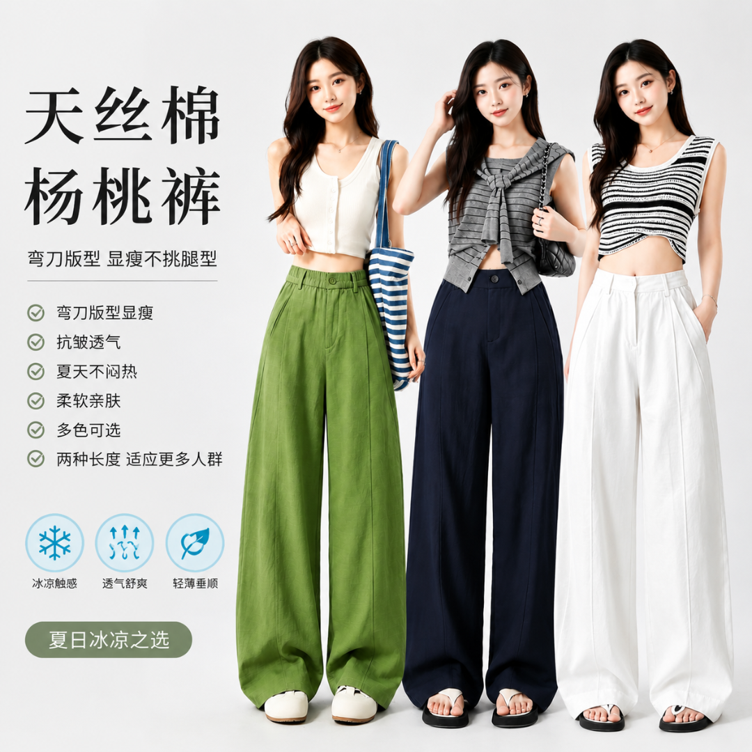 8957莱赛尔天丝棉夏季薄款透气弯刀阔腿裤宽松显瘦A字休闲女裤KS 到手价¥59.90