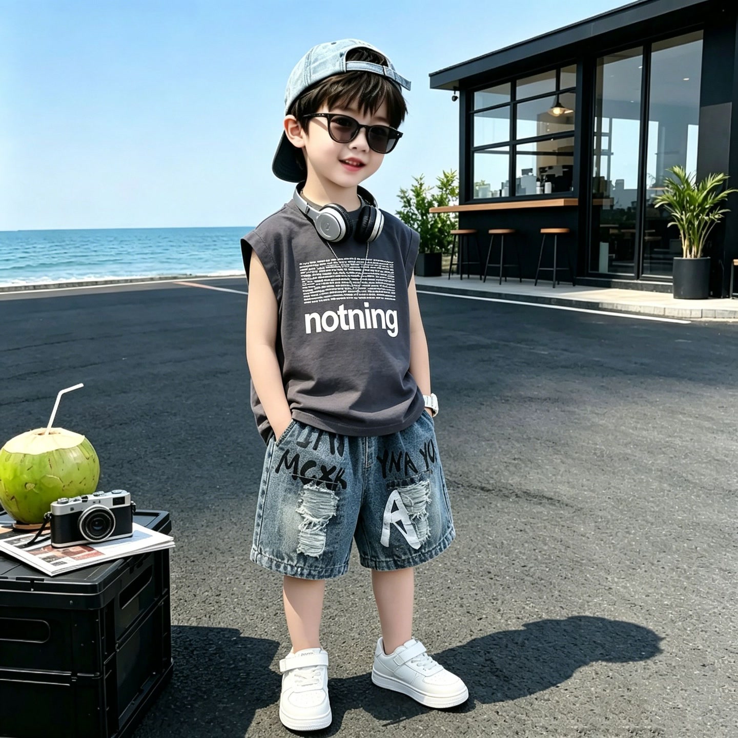男童时尚无袖套装夏季新款2026中小童炸街无袖破洞牛仔裤网红潮流 到手价¥29.90