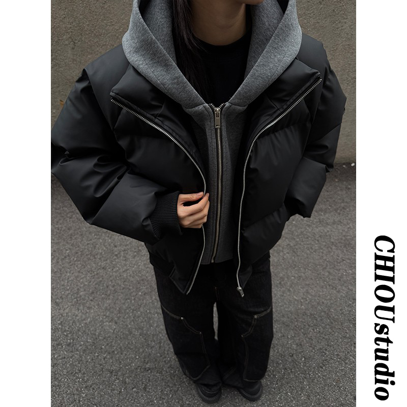 黑色假两件棉服男款冬季连帽防寒短款棉服外套cleanfit御寒棉衣 到手价¥168.87