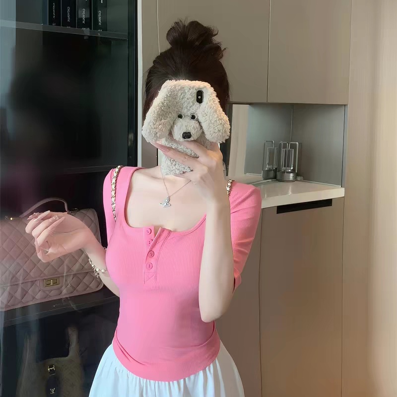江阪丽奈辣妹亨利U领半袖正肩T恤女夏季修身显瘦粉色上衣26126 到手价¥29.99