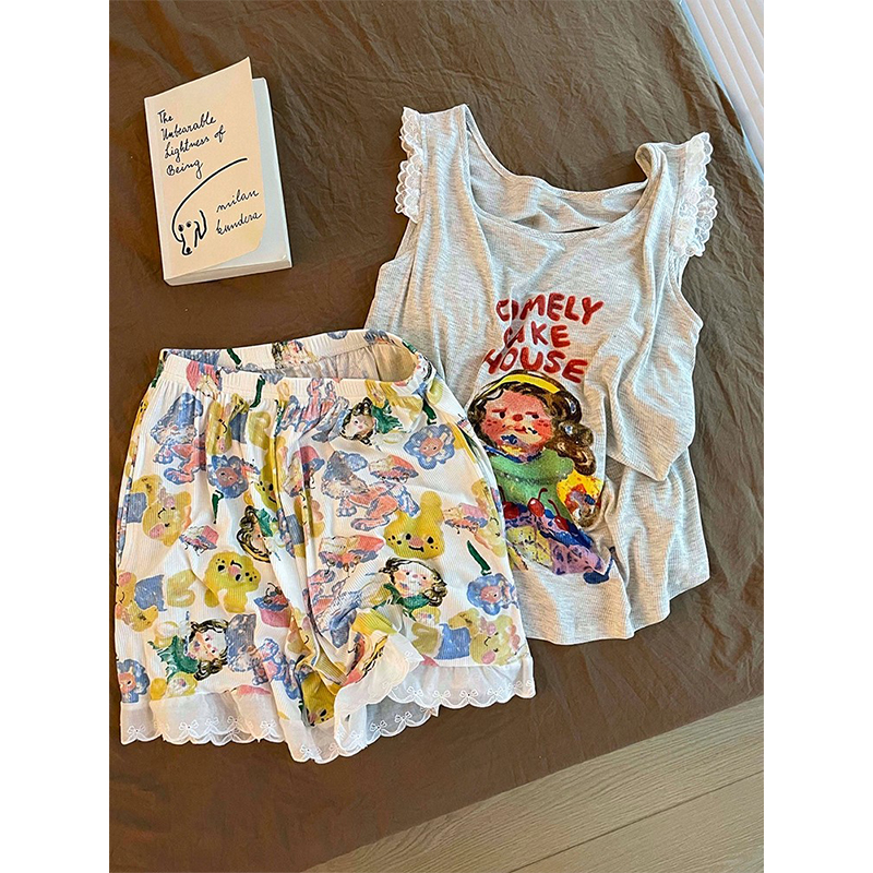 可爱森系无袖睡衣女夏季带胸垫蕾丝边凉感背心短裤防凸点可外穿 到手价¥39.90