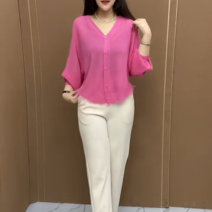 【现货+运费险】中老年妈妈V领薄款针织百搭减龄空调纯色夏韩版 到手价¥59.90