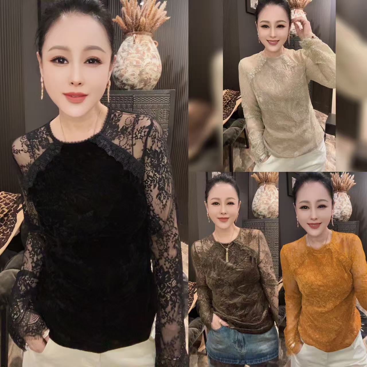 YL工艺褶皱丝绒蕾丝女人衫3356 到手价¥299.00
