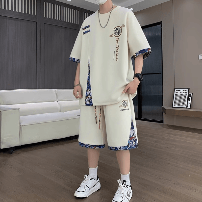 大码男装国潮风套装男夏季新中式青少年短袖短裤宽松休闲运动一套 到手价¥49.80