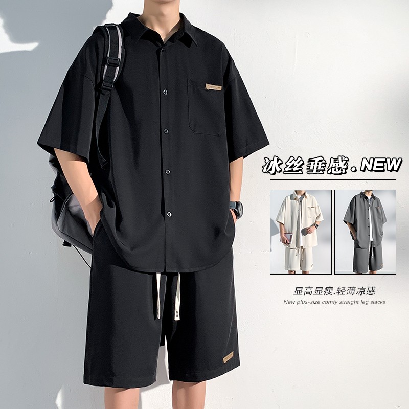 时尚休闲衬衫冰丝套装男夏季痞帅宽松短袖短裤学生酷帅穿搭一整套 到手价¥19.80