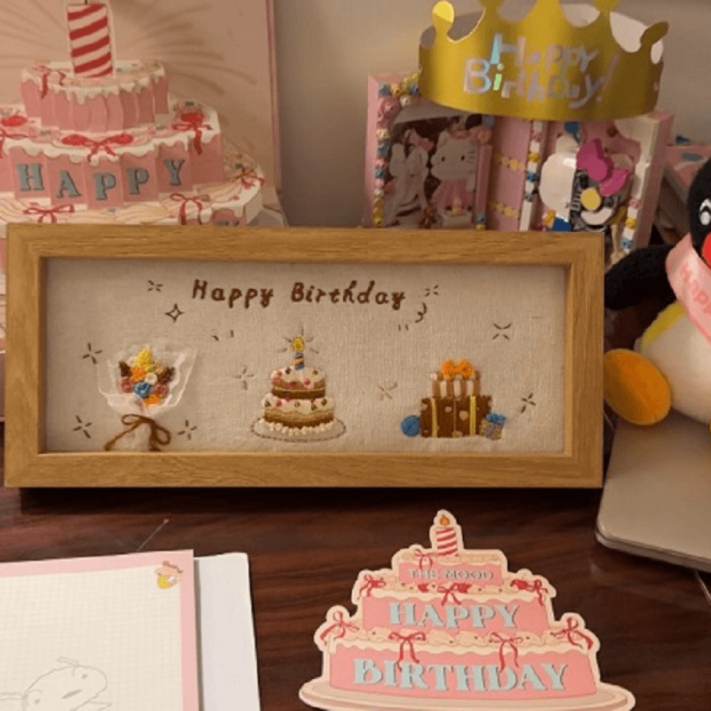 人造板新款生日快乐刺绣相框手工diy材料包桌面摆件创意礼物 到手价¥7.90