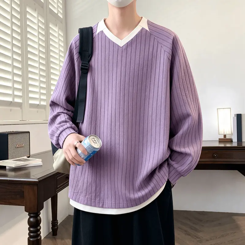 时尚条纹假两件V领长袖卫衣男士秋季新款大码宽松慵懒风百搭上衣 到手价¥59.90