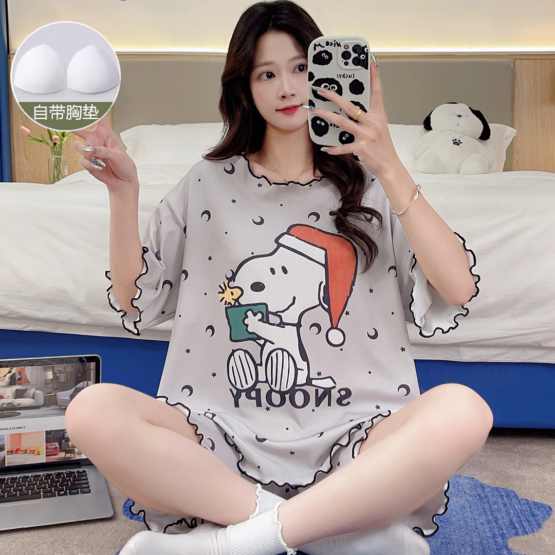 带胸垫冰丝睡衣女夏季短袖短裤薄款ins卡通凉快可外穿家居服套装 到手价¥39.80