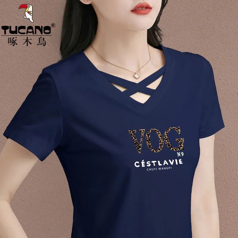 啄木鸟2026年夏季新款大码减龄显瘦纯棉短袖t恤女镂空V领上衣 到手价¥39.00