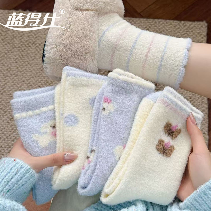 蓝得仕水貂绒袜子女款秋冬毛绒保暖中筒袜卡通加绒加厚居家地板袜 到手价¥9.99