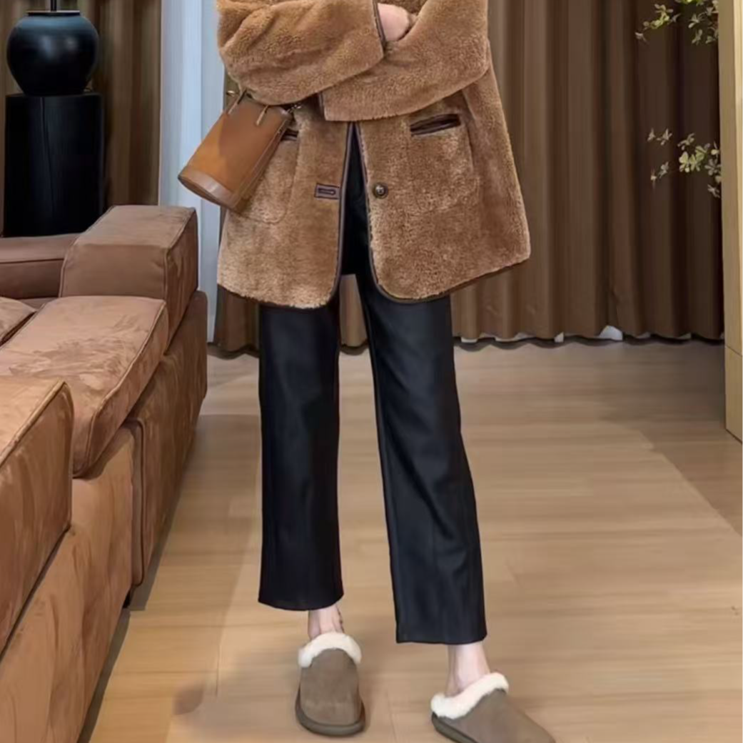 【海宁正品】直筒裤>皮裤女秋冬阔腿高腰显瘦垂感宽松大码九分裤 到手价¥169.00