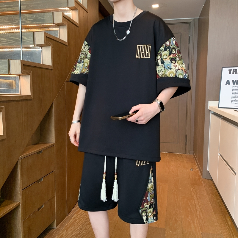 90-300斤新中式套装男生夏季短袖t恤上衣短裤大码运动服两件套男 到手价¥49.00