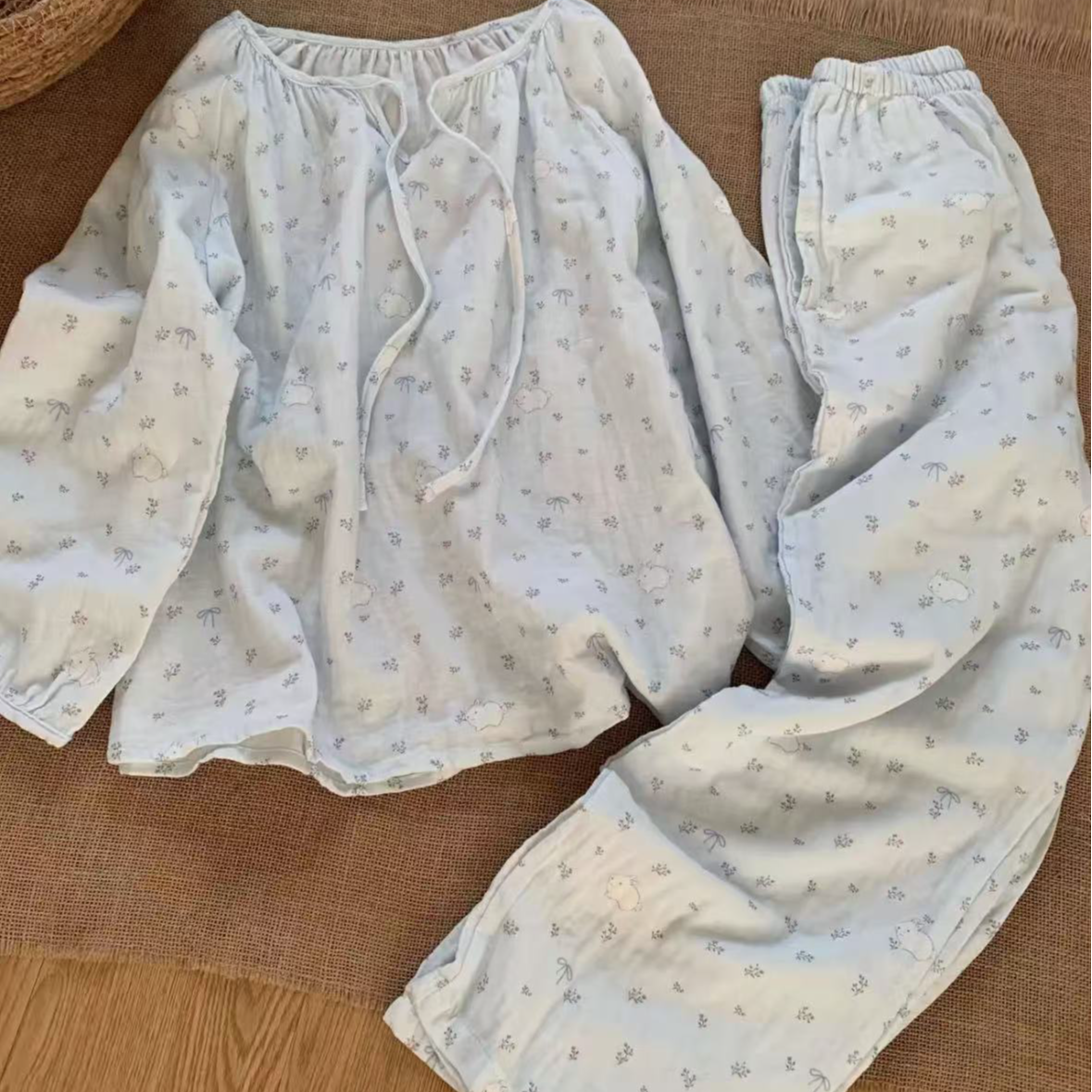 少女甜美可爱海盐小兔碎花公主风睡衣女春秋蝴蝶结设计感家居服 到手价¥39.90