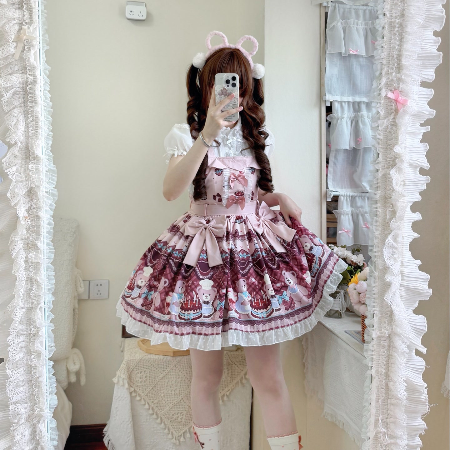 咖啡兔原创Lolita【小熊蛋糕】可爱碎花背带裙甜美百搭背带洛丽塔 到手价¥49.99