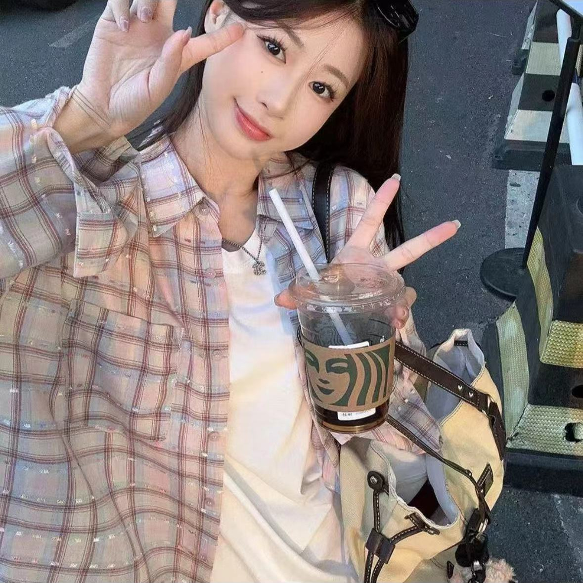 MJ16618#防晒衫粉格衬衫女2026春夏薄款设计感小众翻领长袖上衣 到手价¥39.90