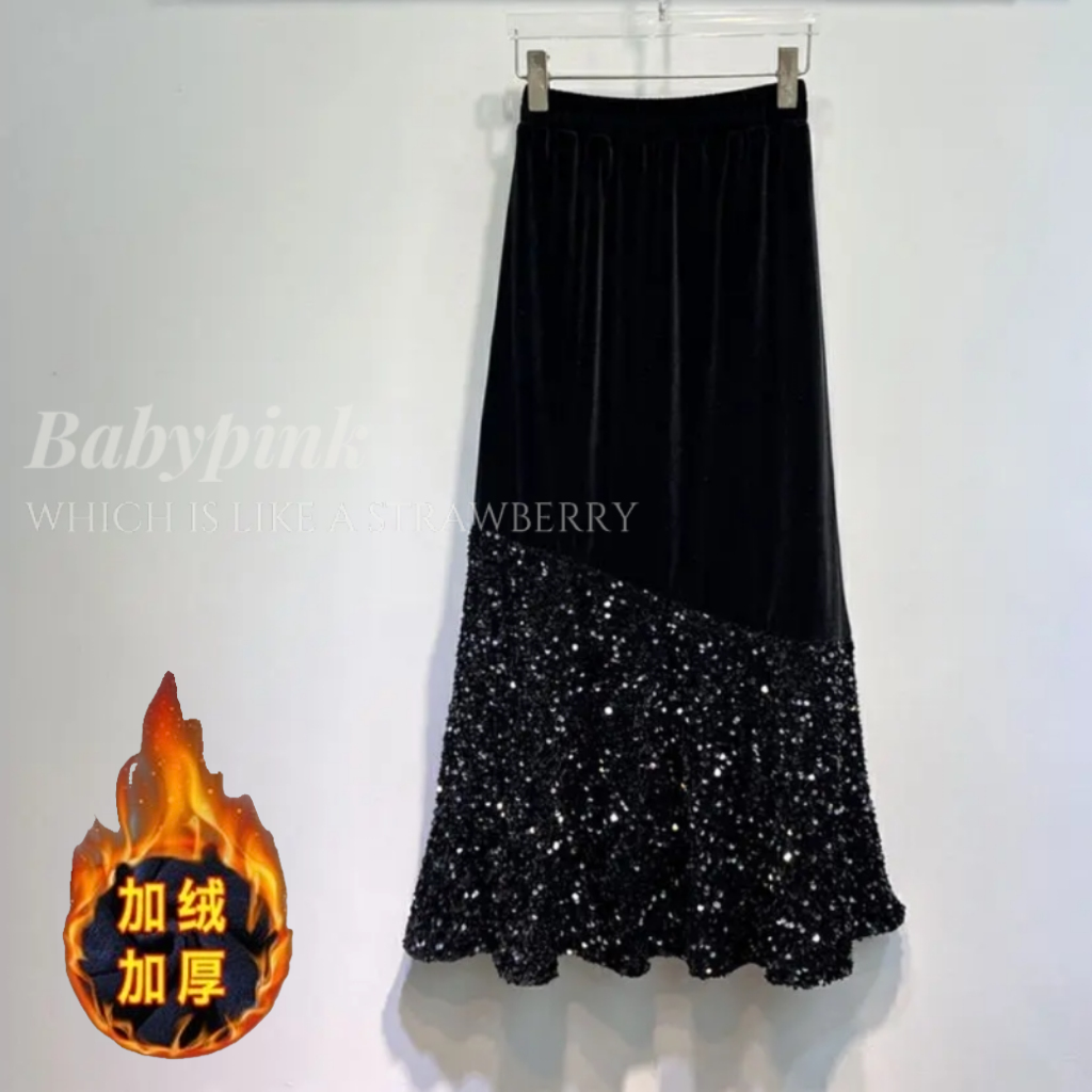 【星夜半裙】丝绒亮片拼接秋冬加绒加厚显瘦A字鱼尾半身裙LQLY 到手价¥39.90