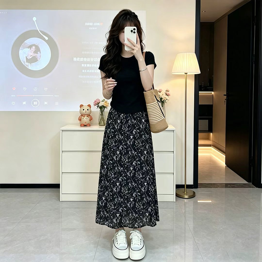 T恤+半身裙/韩系碎花半身裙女夏高腰显瘦百温柔风长裙套装 到手价¥39.90