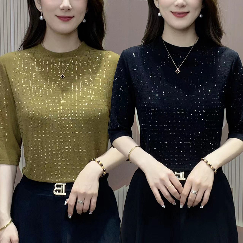 烫钻上衣女春夏款圆领百搭洋气时尚减龄中袖气质打底衫 到手价¥14.90