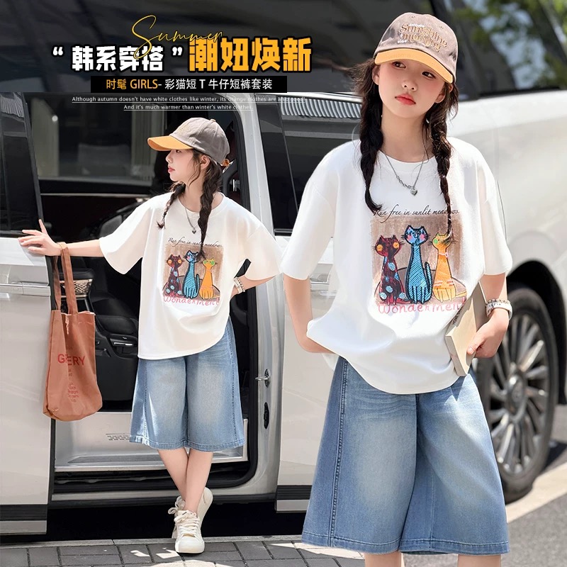 超好看~女童牛仔五分裤套装夏季休闲卡通T恤+牛仔中裤1620 到手价¥35.00