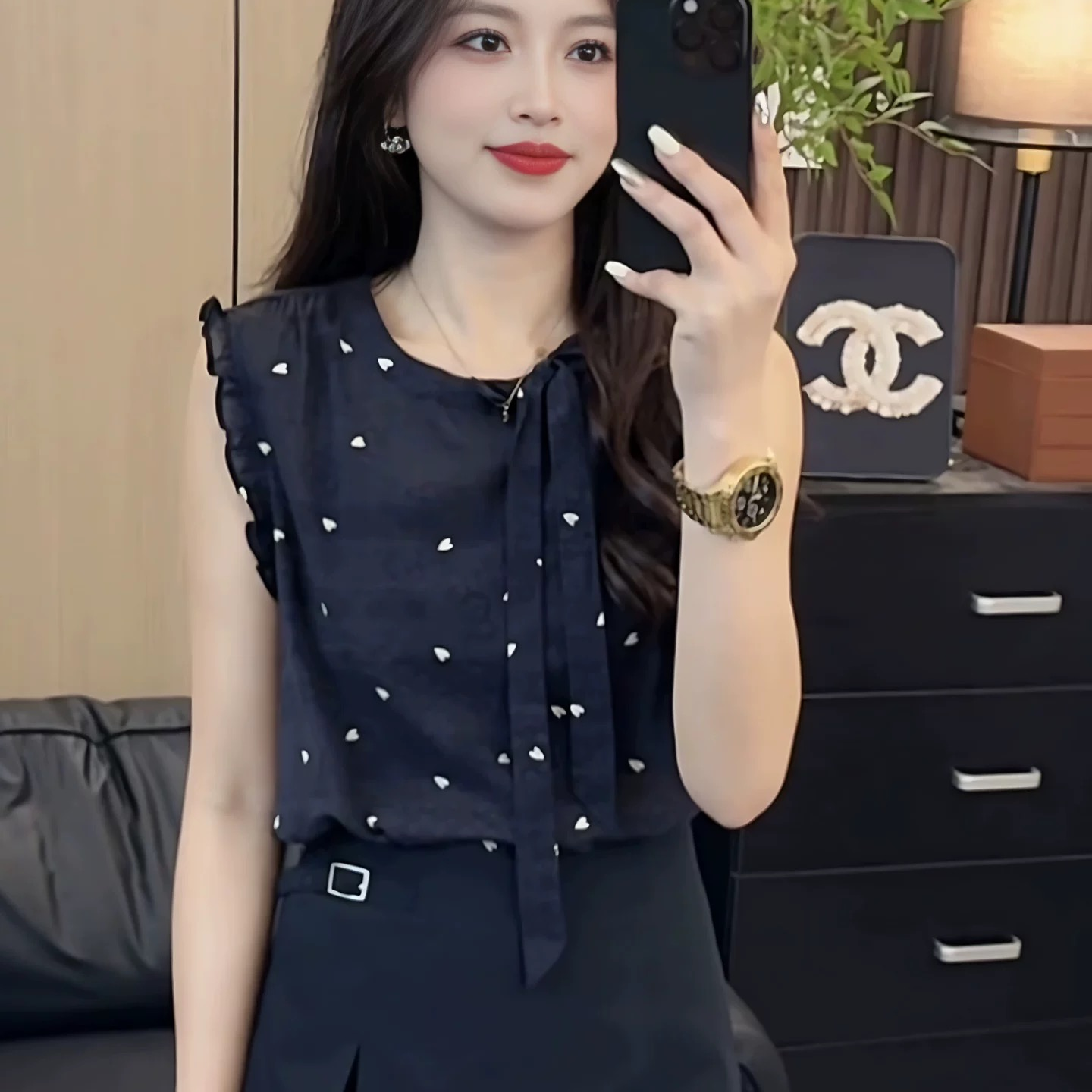 法式爱心印花小衫韩版蝴蝶结显瘦无袖背心女衬衫波点气质0618A 到手价¥29.90