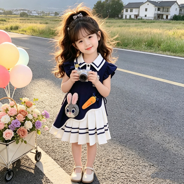 女童夏季学院风兔子警官连衣裙2026新款儿童卡通刺绣百褶公主裙潮 到手价¥59.90
