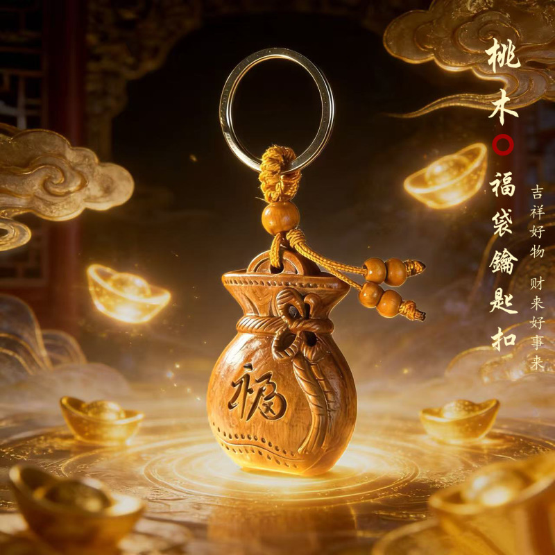丙午马年.吉祥匠心之作桃木福禄钱袋子钥匙扣挂件 到手价¥22.90