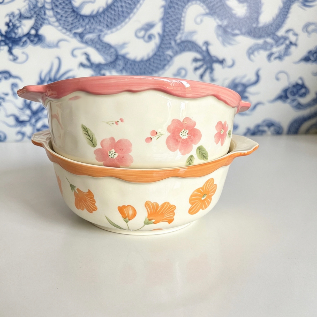 【粉色+橘色】10.5英寸波浪边双耳汤碗2只装 到手价¥23.99