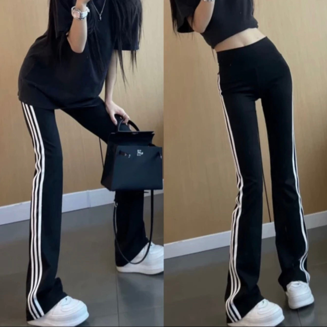 三道杠芭比喇叭裤女春夏季弹力黑色修身运动裤高腰提臀紧身休闲裤 到手价¥49.99