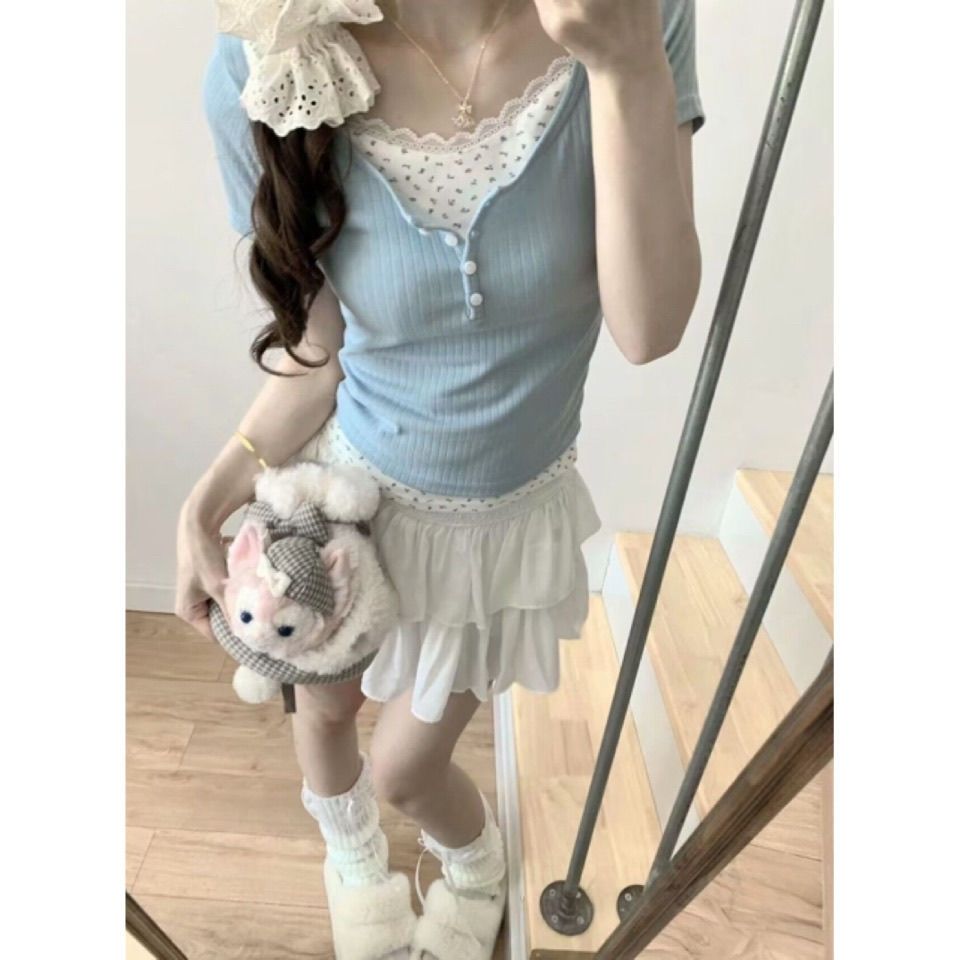 纯欲风碎花拼接假两件短袖T恤女夏季新款修身显瘦短款上衣打底衫 到手价¥19.90