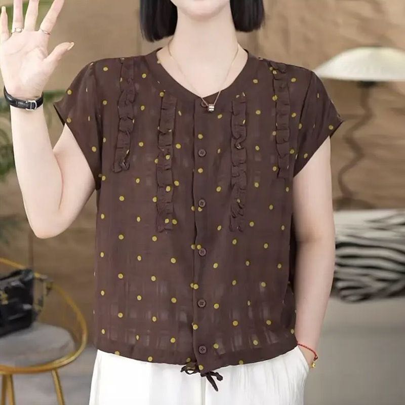 2026年夏季新款设计感休闲波点短袖衬衫女装圆领显瘦百搭透气上衣 到手价¥19.99